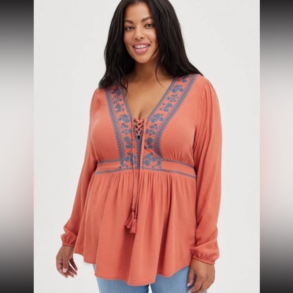 torrid Tops - Torrid Lace Up Long Sleeve Blouse